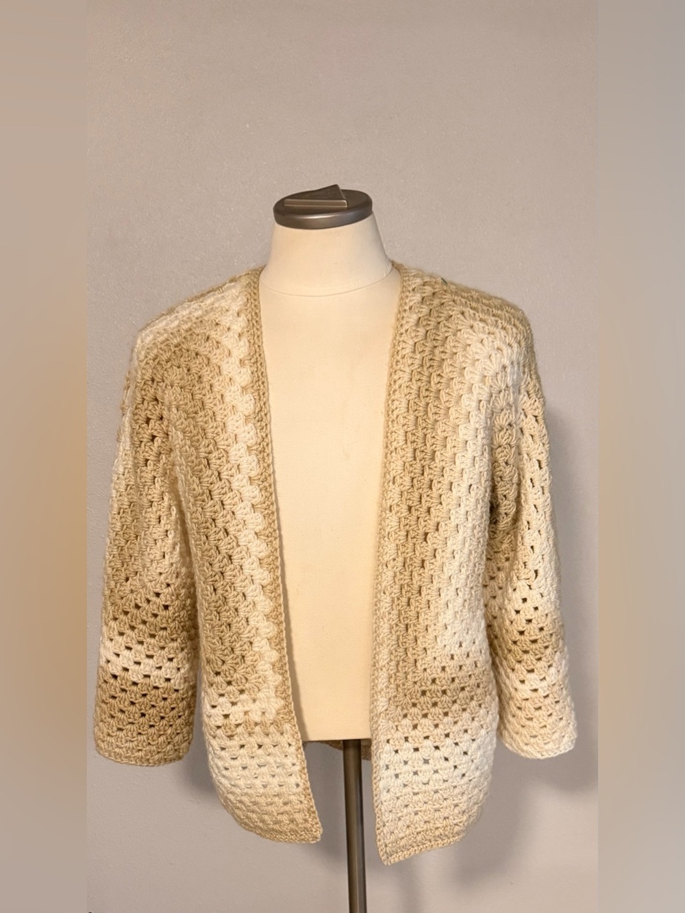 Handmade Granny Square Open-Front Cream Ombre Crochet Cardigan One size